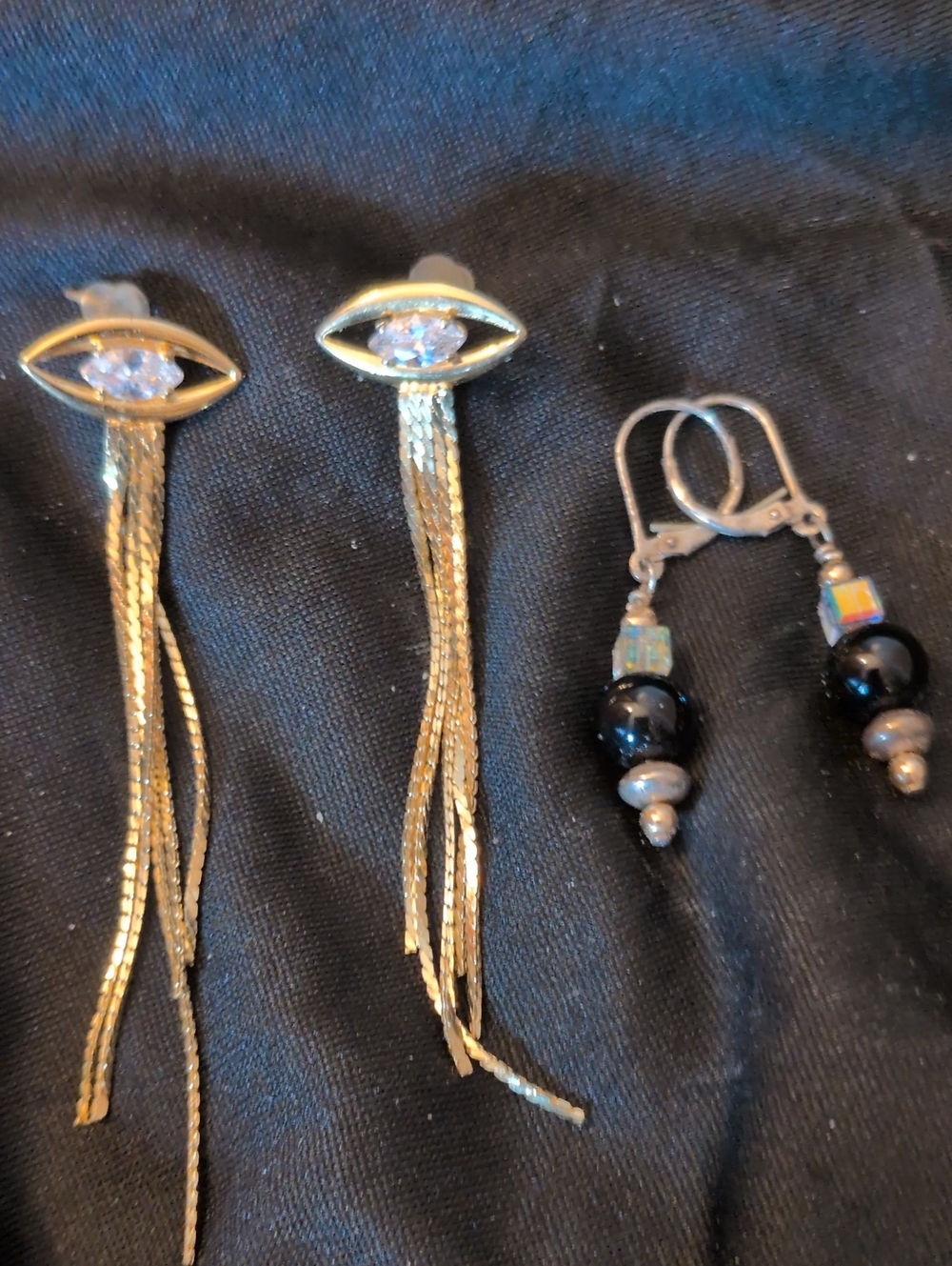 Gold-Tone Evil  Eyestud Drop Earrings with Black Bead Dangles